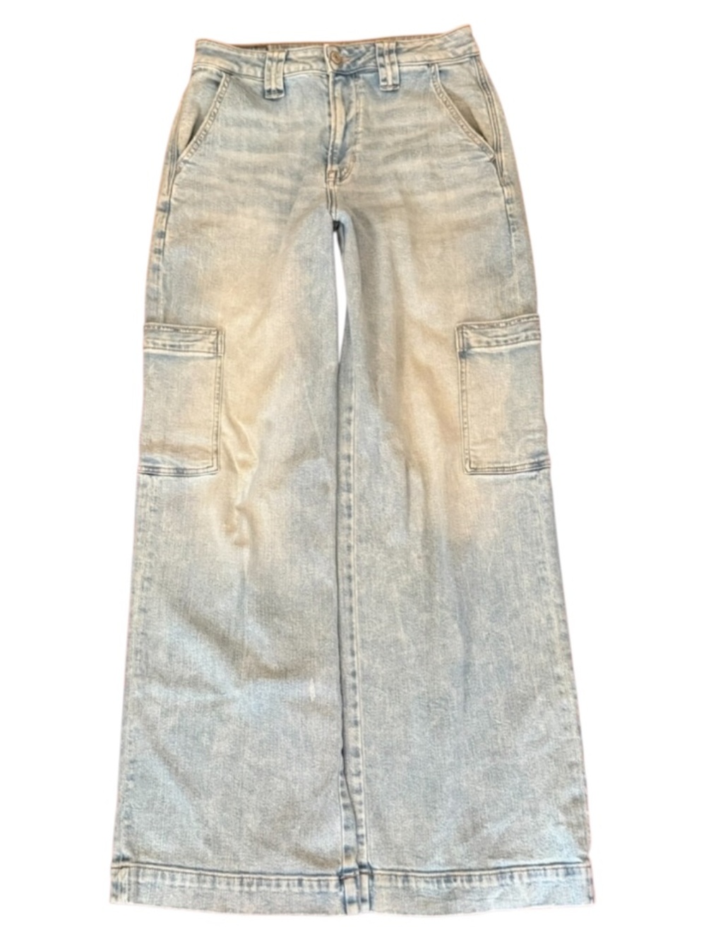 AMERICAN EAGLE Super Hi Rise Baggy Wide Leg Cargo Jeans Light Wash 4R VGUC
